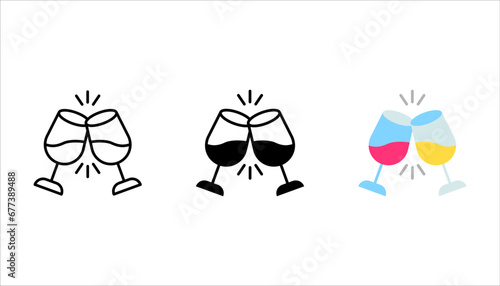 Toasting beer glasses linear icons set. Cheers. Two foamy beer glasses. vector illustration on white background
