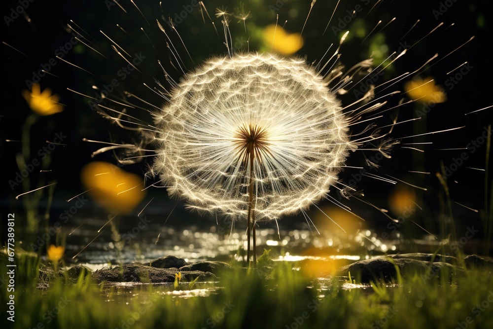 Obraz premium Dandelion seeds dispersing in a vortex