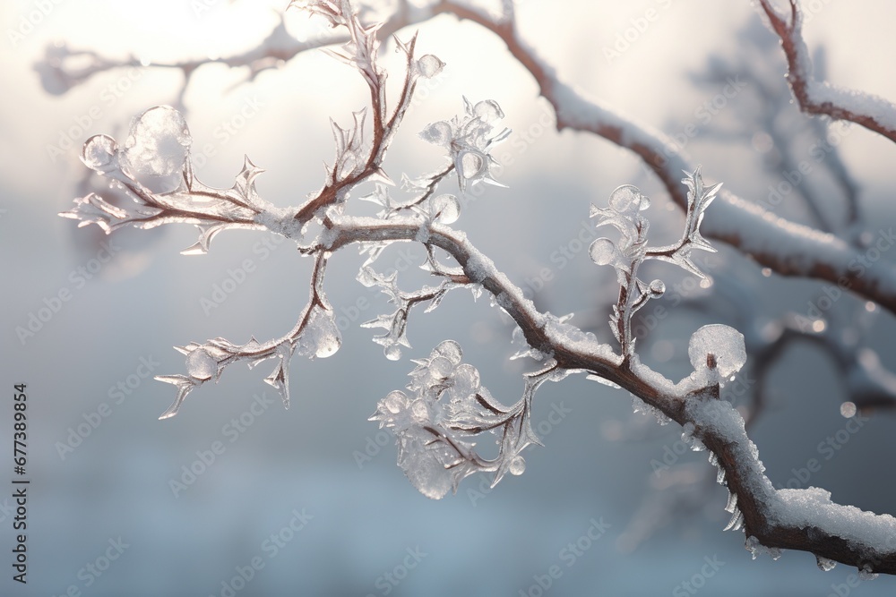 Delicate snowflakes landing on a frozen branch Delicate snowflakes landing on a frozen branch