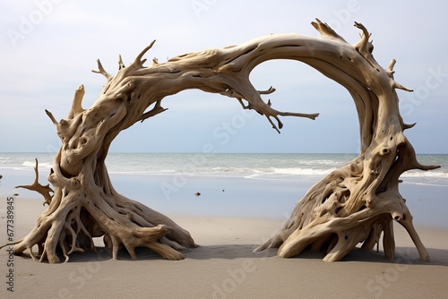 Driftwood sculpture entwined with sea vines