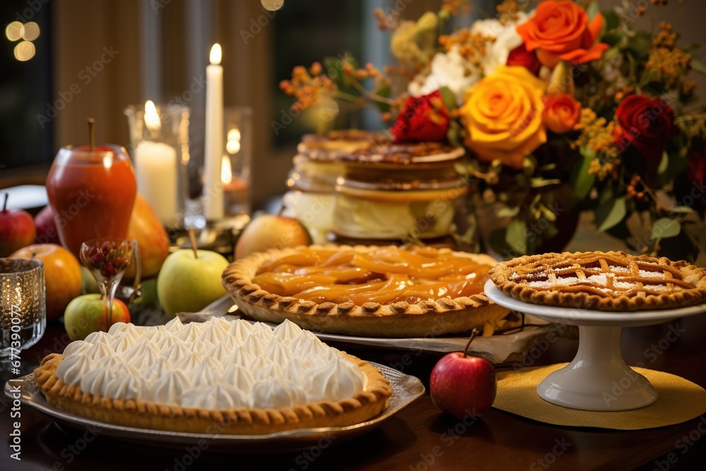 Naklejka premium Elegant dessert table featuring pumpkin pie, apple tart, and other Thanksgiving treats