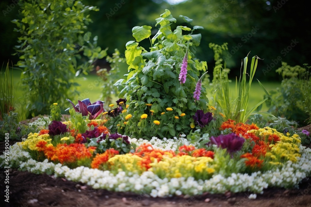 Edible flower bed with arranged patterns of herbs and blooms Edible flower bed with arranged patterns of herbs and blooms