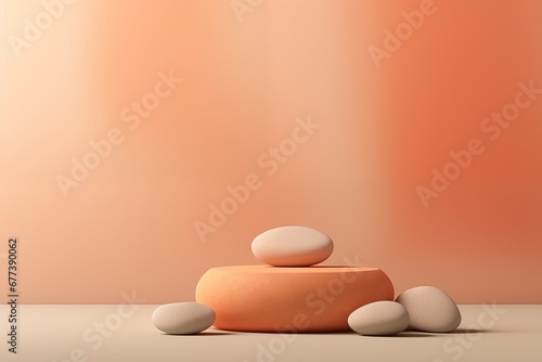 Pastel orange podium background for product display with stones. Minimal concept.