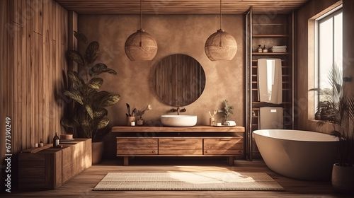 Cozy nomadic bathroom interior, 3d render. Decor concept. Real estate concept. Art concept. Bathroom concept. Stylist concept. 3d render concept