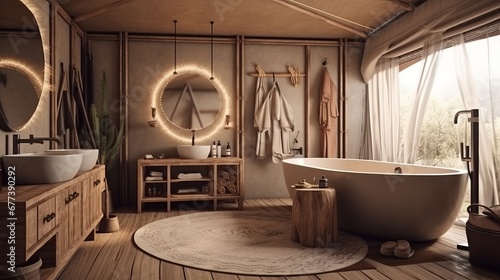 Cozy nomadic bathroom interior  3d render. Decor concept. Real estate concept. Art concept. Bathroom concept. Stylist concept. 3d render concept