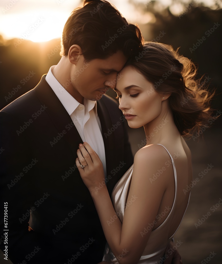 wedding photo of a happy young couple, nation diversity, with different nationalities, diversity of skin color, sunset light