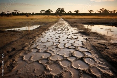 Fresh animal tracks surrounding a clear savannah puddle
