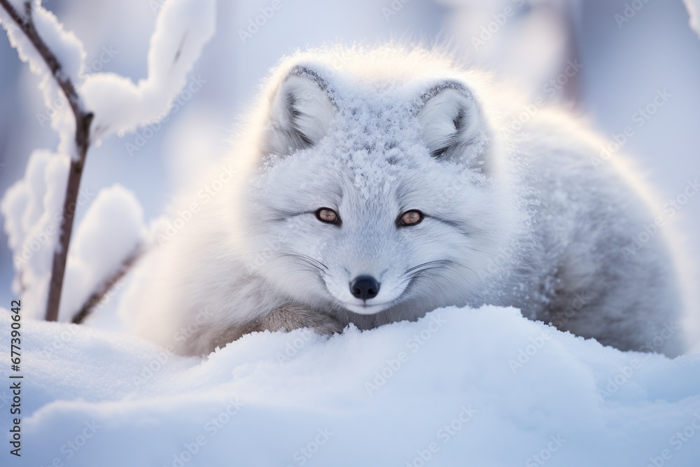 Frost-covered Arctic fox curled up in the snow Frost-covered Arctic fox curled up in the snow