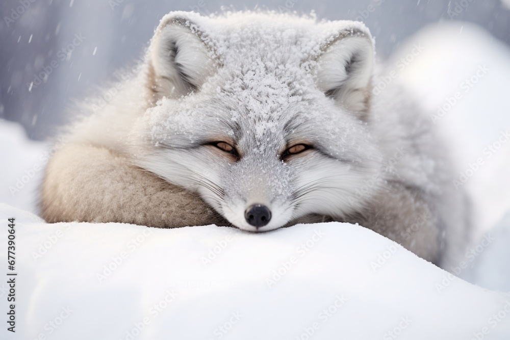 Obraz premium Frost-covered Arctic fox curled up in the snow