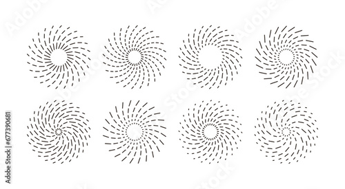 Set of spiral and radial circular design illustrations of simple, modern, geometric and abstract shapes. Business template patterns and background elements.