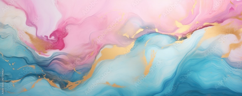Banner with fluid art texture. Backdrop with abstract mixing paint effect. Liquid acrylic artwork that flows and splashes. Mixed paints for interior poster. Pink, blue, gold and white colors