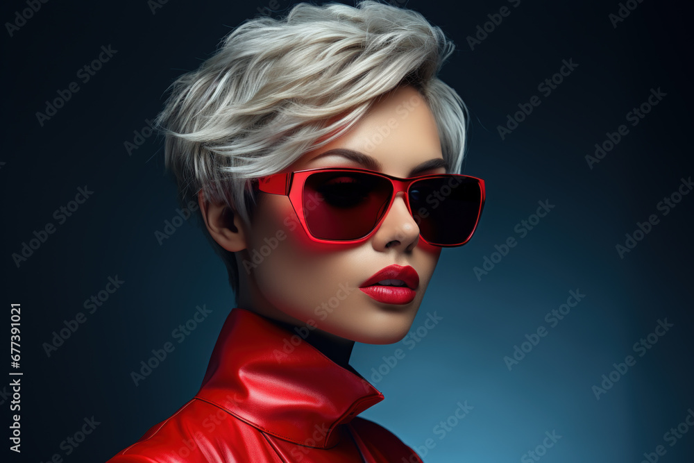 Girl model in red wearing modern sunglasses on dark background. Face of beauty young woman with haircut, short blond hair. Concept of style, fashion, portrait, makeup, hairstyle