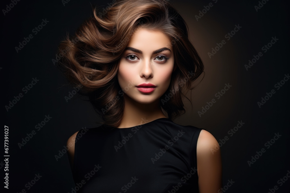 Beautiful young woman with short wavy hair on dark background. Face of girl model with brown curly hairstyle, healthy skin. Concept of style, fashion, salon, studio, makeup, haircut
