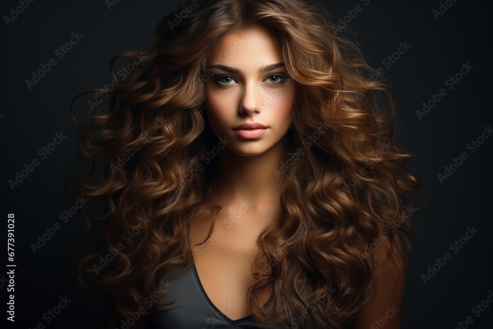 Naklejka premium Young woman with long brown curly hair on dark background. Portrait of girl model with wavy hairstyle, healthy skin of face. Concept of style, fashion, beauty salon, studio, perfect