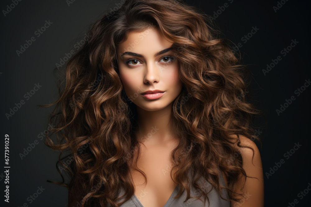 Sexy woman with long luxury curly hair on dark background. Portrait of girl model with brown wavy hairstyle, healthy skin of face. Concept of style, fashion, beauty salon, studio, perfect