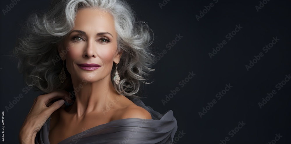 beautiful middle aged woman with gray natural hair, dark background, copyspace beautiful middle aged woman with gray natural hair, dark background, copyspace