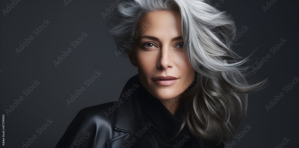 beautiful middle aged woman with gray natural hair, dark background, copyspace beautiful middle aged woman with gray natural hair, dark background, copyspace