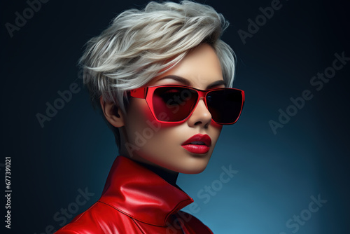 Girl model in red wearing modern sunglasses on dark background. Face of beauty young woman with haircut, short blond hair. Concept of style, fashion, portrait, makeup, hairstyle