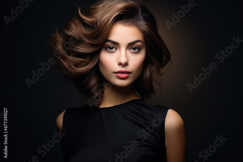 Beautiful young woman with short wavy hair on dark background. Face of girl model with brown curly hairstyle, healthy skin. Concept of style, fashion, salon, studio, makeup, haircut photo