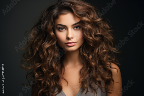 Sexy woman with long luxury curly hair on dark background. Portrait of girl model with brown wavy hairstyle, healthy skin of face. Concept of style, fashion, beauty salon, studio, perfect