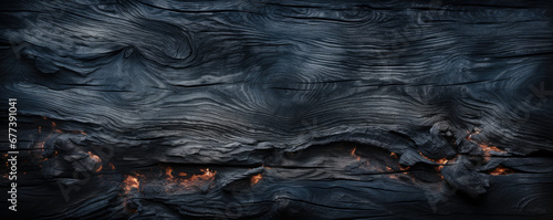 Burnt wood texture background, wide banner of charred black timber. Abstract pattern of dark scorched tree. Concept of charcoal, smoke, coal, grill, embers, fire, firewood, burn