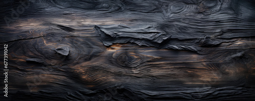 Burned wood texture background, banner with charred black timber. Abstract pattern of dark burnt scorched tree. Concept of charcoal, smoke, coal, grill, embers, fire, firewood photo