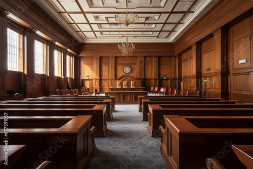 a courtroom with seats in front of the judicial chamber