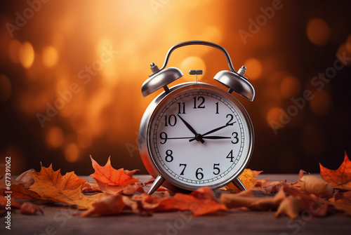 alarm clock on a wood table with fall leaves in autumn