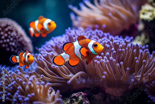 a clownfish swimming among some coral, in the style of realistic life
