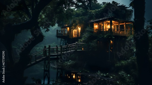 tree house tropical forest in night