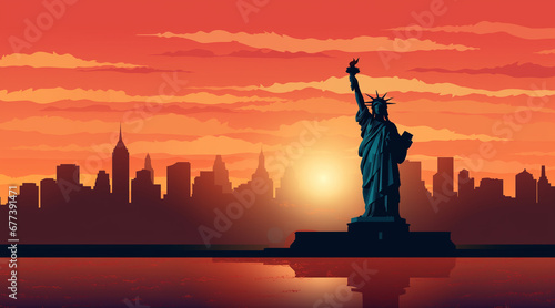 illustration, Statue of Liberty silhouette on sunset background © Enrique