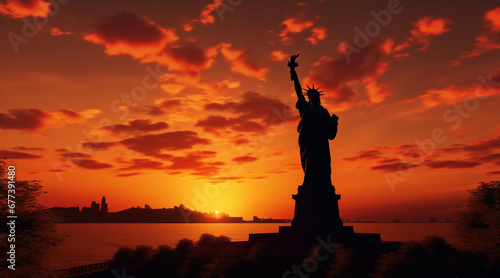 illustration  Statue of Liberty silhouette on sunset background