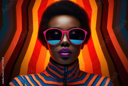 Beautiful african american woman in bright stylish clothes. Glamorous female model with artistic makeup wearing funky sunglasses. Creative colorful style