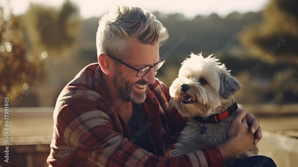 Laughing Man with his little Terrier Dog Laughing Man with his little Terrier Dog
