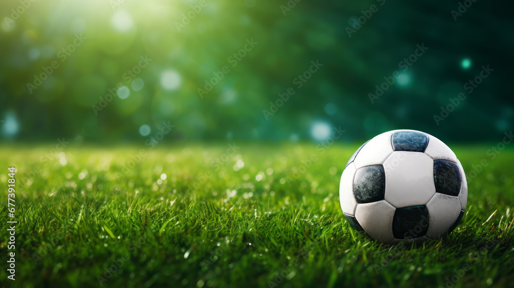Fototapeta premium Used soccer ball on green grass with bokeh in background