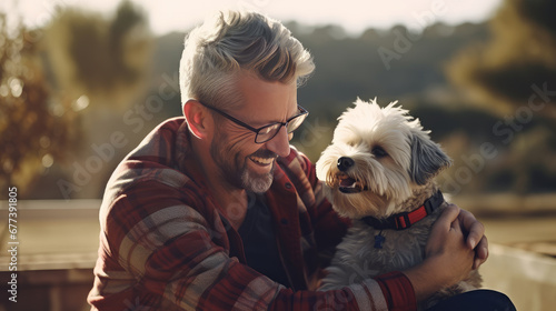 Laughing Man with his little Terrier Dog