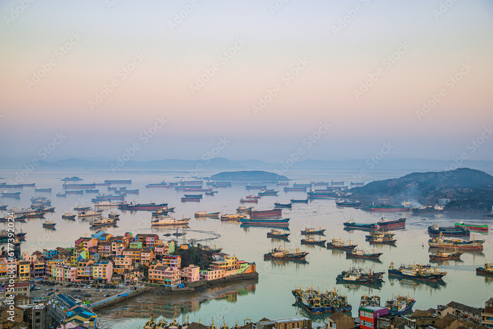Xiaoruo Village, Wenling City, Taizhou City, Zhejiang Province - high angle view of fishing village and fishing port at sunrise