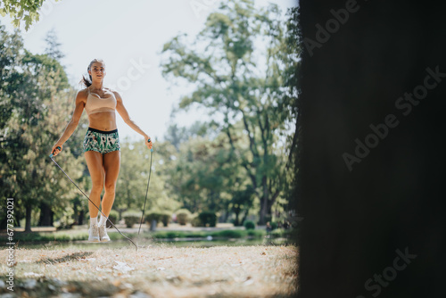 Young girl exercising outdoors in a sunny park. She jump rope, stretch, and warm up her muscles. Her persistent dedication to fitness is evident as they work towards positive results.