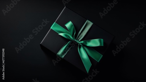 Top view photo of black giftbox with green ribbon bow on isolated black background with empty space. The concept of holiday surprise for New Year or Christmas. New Year concept. Decor concept. 