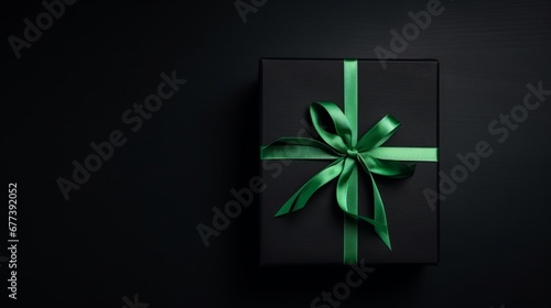 Top view photo of black giftbox with green ribbon bow on isolated black background with empty space. The concept of holiday surprise for New Year or Christmas. New Year concept. Decor concept.  photo