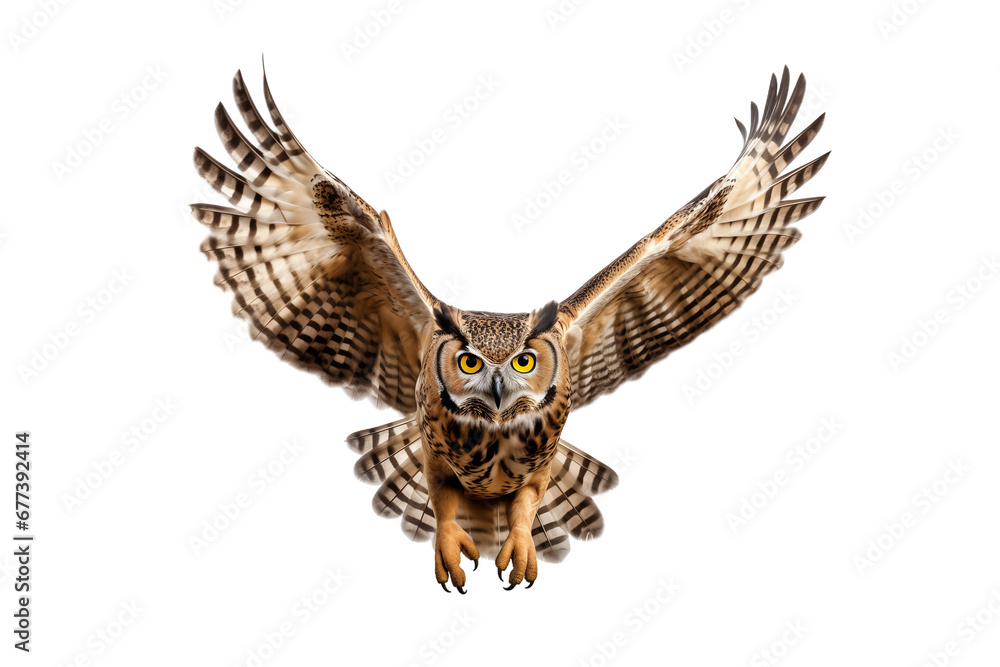 Owl in flight isolated on transparent background. PNG file. Generative AI. Owl in flight isolated on transparent background. PNG file. Generative AI.