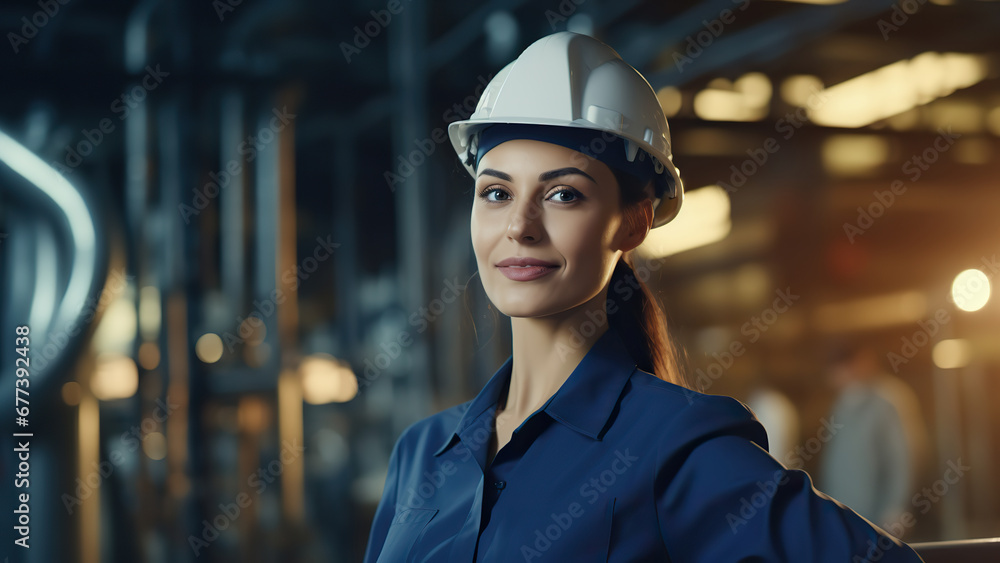 Portrait of female industrial maintenance engineer in uniform and helmet at factory station. Industry, engineer, construction concept. Portrait of female industrial maintenance engineer in uniform and helmet at factory station. Industry, engineer, construction concept.