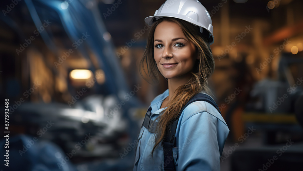 Portrait of female industrial maintenance engineer in uniform and helmet at factory station. Industry, engineer, construction concept. Portrait of female industrial maintenance engineer in uniform and helmet at factory station. Industry, engineer, construction concept.