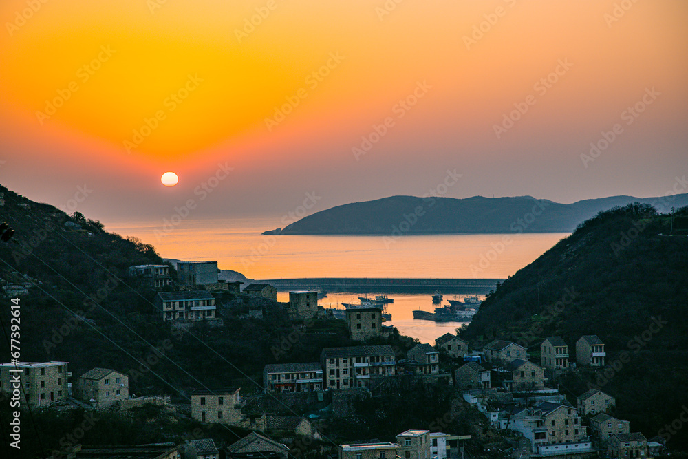 Xiaoruo Village, Wenling City, Taizhou City, Zhejiang Province - sea view and fishing village at sunrise