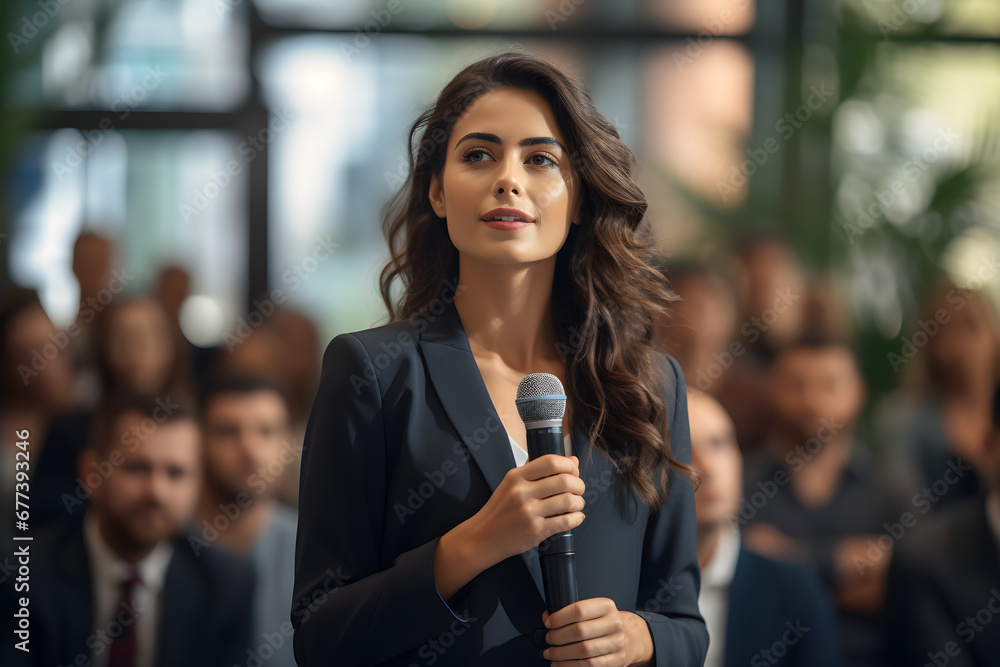 A confident businesswoman delivers a professional corporate presentation at a seminar or conference, showcasing her expertise and leadership skills,