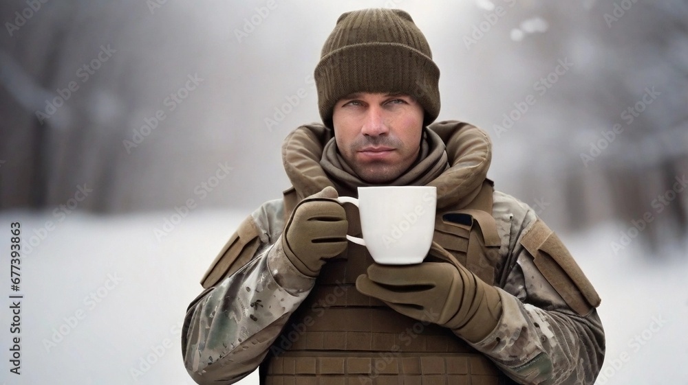 Portrait of a soldier with a cup of hot coffee against winter background with space for text, AI generated, background image Portrait of a soldier with a cup of hot coffee against winter background with space for text, AI generated, background image