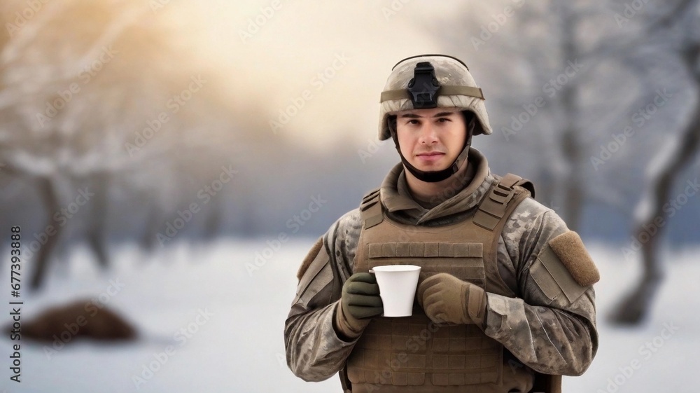 Portrait of a soldier with a cup of hot coffee against winter background with space for text, AI generated, background image
