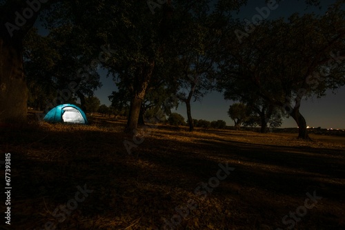 Sunlit white and blue camping tent in the autumn forest