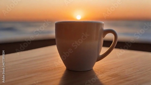 Portrait of a cup of hot coffee against morning sunrise vibes background with space for text, AI generated, background image