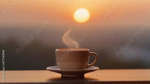 Portrait of a cup of hot coffee against morning sunrise vibes background with space for text, AI generated, background image